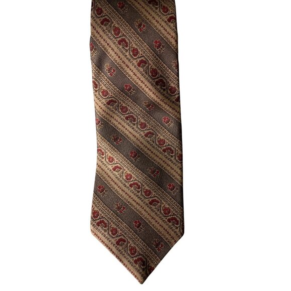 Vintage Yves Saint Laurent Men's Vintage Floral and Stripes Silk Tie Brown & Red - Picture 6 of 6